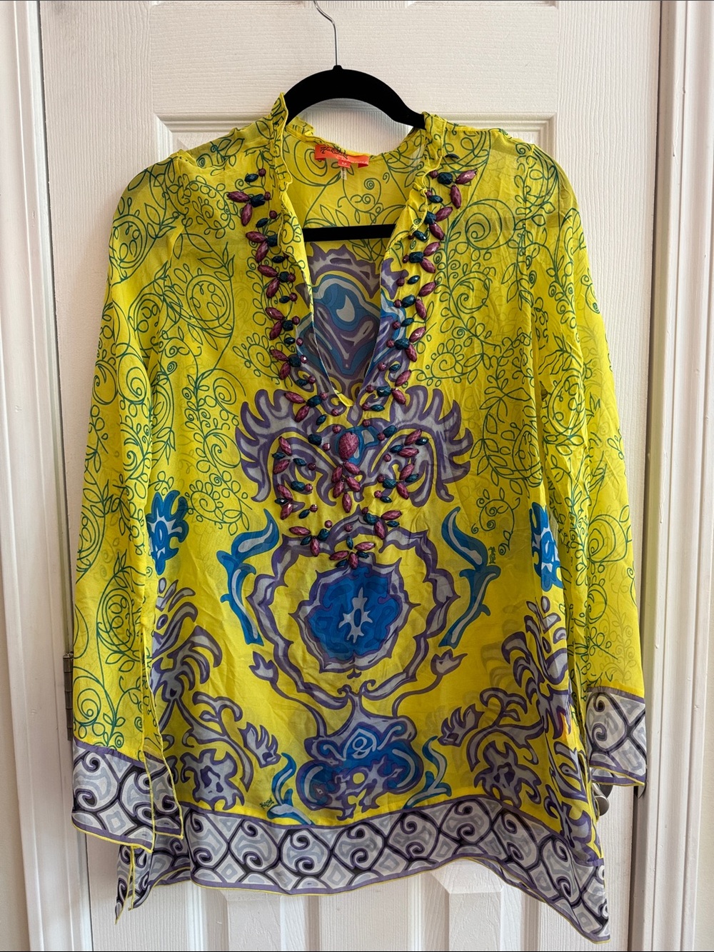 HALE BOB CABANA 100% Silk Printed Bead Embellished Tunic Size Medium